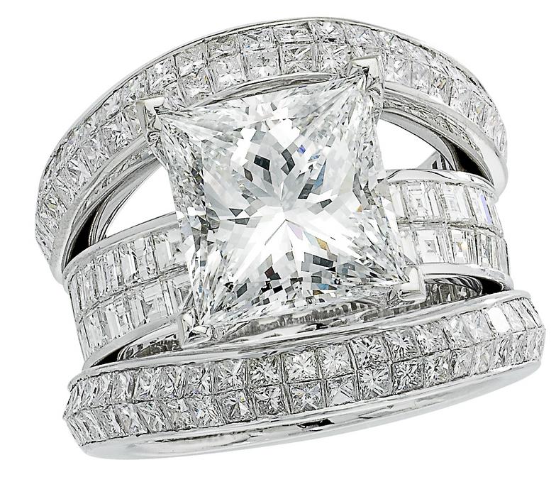 14kt white gold princess cut engagement ring, 3 princess cut diamond matching bands